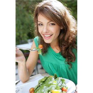 Women Eating Salad Wearing Green Dress